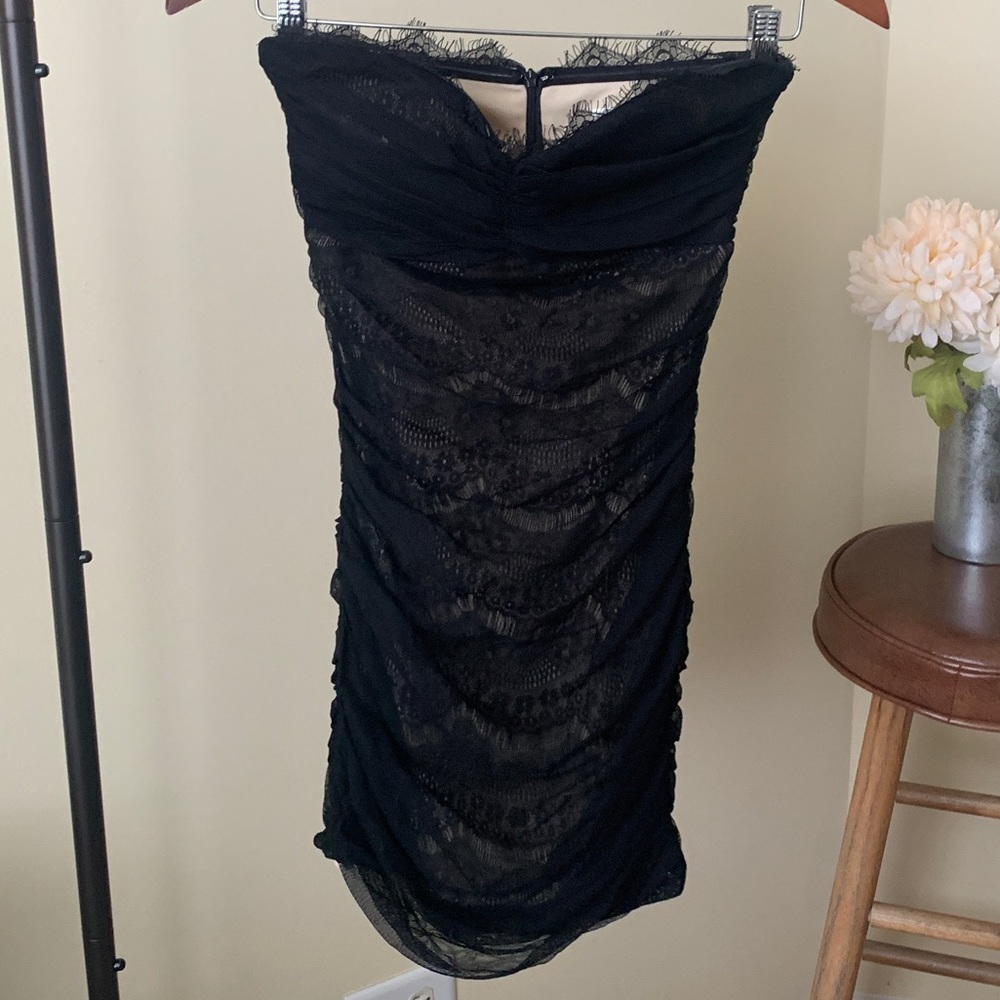 A’gaci black lace ruched mini dress